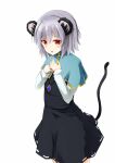  1girl animal_ear_fluff animal_ears bangs black_dress blue_capelet blush brown_eyes capelet commentary_request cookie_(touhou) crystal dress eyebrows_visible_through_hair feet_out_of_frame grey_hair hair_between_eyes highres jewelry long_sleeves looking_at_viewer mouse_ears mouse_girl mouse_tail nazrin nyon_(cookie) open_mouth pendant shirt short_hair simple_background sleeveless sleeveless_dress solo szk tail touhou white_background white_shirt 