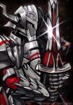  1girl absurdres armor fate/apocrypha fate_(series) full_armor glint helmet highres holding holding_sword holding_weapon long_sword mordred_(fate) mordred_(fate/apocrypha) silverchariotx solo sword twitter_username upper_body weapon 