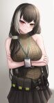  1girl absurdres arms_under_breasts bangs bare_arms bare_shoulders black_hair blush breasts closed_mouth crossed_arms crossed_bangs daisy_cutter eyebrows_visible_through_hair girls_frontline grey_background hair_ornament heterochromia highres jewelry lanyard large_breasts long_hair looking_at_viewer multicolored_hair red_eyes ring ro635_(girls&#039;_frontline) simple_background sleeveless sleeveless_sweater solo streaked_hair sweater white_hair yellow_eyes 
