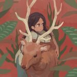  1girl antlers blue_skirt brown_eyes brown_hair commentary_request cowboy_shot deer leaf long_hair muji_(uimss) original parted_lips red_background shirt skirt solo white_shirt 