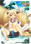  1girl :d age_of_ishtaria animal animal_ear_fluff animal_ears bangs barefoot blonde_hair blue_shorts blush bow breasts copyright crop_top eyebrows_visible_through_hair fang guna_(age_of_ishtaria) hair_between_eyes hair_bow medium_hair navel official_art one_eye_closed orange_eyes partially_submerged red_bow saeki_touma sailor_collar short_shorts shorts sitting skin_fang small_breasts smile soles solo spread_legs tail toes 