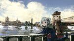  2girls anonamos artist_name blonde_hair blue_eyes blue_sky bridge capelet clouds cloudy_sky day deerstalker fish_tail gawr_gura grey_hair hair_ornament hat highres hololive hololive_english hood hoodie long_sleeves looking_at_viewer looking_back monocle_hair_ornament multiple_girls one_side_up outdoors shark_tail sky smile tail virtual_youtuber watson_amelia westminster_bridge 