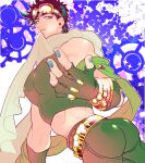  1boy ass bare_shoulders battle_tendency black_hair blue_nails bracelet brown_eyes fingerless_gloves gloves goggles goggles_on_head green_scarf jewelry jojo_no_kimyou_na_bouken joseph_joestar joseph_joestar_(young) male_focus midriff mouth_hold nail_polish off_shoulder s_gentian scarf solo 
