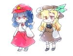  2girls artist_request bare_shoulders blonde_hair blue_hair bow bowtie brown_headwear brown_skirt brown_vest cabbie_hat chibi detached_sleeves flat_cap frilled_hat frills hat hat_feather jacket_girl_(dipp) jitome label_girl_(dipp) long_hair long_sleeves mandarin_collar multiple_girls red_bow red_bowtie red_eyes red_headwear red_skirt sandals shirt side_ponytail simple_background skirt socks stake touhou vest white_background white_shirt white_sleeves white_vest wide_sleeves 