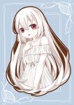  1girl absurdres albino bags_under_eyes bangs bare_shoulders bow bowtie colored_skin commentary dress eyebrows_visible_through_hair framed hair_between_eyes hand_up highres long_hair looking_at_viewer nomiku open_mouth original red_eyes solo very_long_hair white_dress white_hair white_skin 