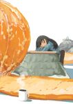  1girl absurdres black_hair blue_shirt closed_eyes coffee_cup commentary_request cup disposable_cup food fruit highres katakai kotatsu long_hair long_sleeves mandarin_orange open_mouth original oversized_food shirt simple_background sleeping solo table white_background 