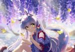  1girl animal_ears bangs bell bug butterfly flower fox_ears fox_girl fox_tail hair_bell hair_ornament hisana japanese_clothes long_hair looking_at_viewer original silver_hair sitting solo tail wisteria yellow_eyes 