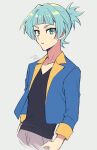  1boy :o bangs blue_hair casual cropped_jacket cropped_legs green_eyes jacket looking_at_viewer male_focus mikami_(mkm0v0) open_clothes open_jacket shiun&#039;in_sora solo tied_hair yu-gi-oh! yu-gi-oh!_arc-v yuu-gi-ou yuu-gi-ou_arc-v 