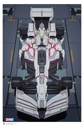  absurdres artist_logo car copyright_name english_commentary from_above ground_vehicle gundam gundam_unicorn highres motor_vehicle no_humans nt-d racecar spoiler_(automobile) unicorn_gundam vehicalization vehicle_focus walter_kim wheel 