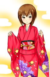  1girl brown_eyes brown_hair cloud_background eyebrows_visible_through_hair flat_chest floral_print hair_between_eyes happy_new_year japanese_clothes kantai_collection kimono kudou_(ooabareteng) long_sleeves looking_at_viewer new_year obi red_kimono sash solo taihou_(kancolle) wide_sleeves yellow_background 