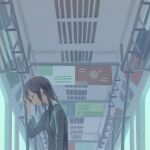  1girl black_sweater brown_hair closed_eyes commentary long_hair long_sleeves muji_(uimss) original parted_lips sleeping sleeping_upright solo sweater train_interior upper_body 