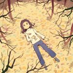  1girl autumn autumn_leaves bare_tree blue_pants branch brown_eyes brown_hair closed_mouth commentary expressionless from_above grey_legwear leaf long_hair long_sleeves lying muji_(uimss) no_shoes on_back original outdoors pants solo sweater tree white_sweater 