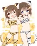  2girls :d absurdres animal_ear_fluff animal_ears animal_print ayanepuna bangs bare_shoulders blue_eyes blush brown_eyes brown_hair chinese_zodiac claw_pose collarbone commentary_request crop_top egasumi eyebrows_visible_through_hair fang feet_out_of_frame hair_between_eyes hair_ornament hairclip hands_up highres locked_arms multiple_girls navel off-shoulder_shirt off_shoulder original print_legwear print_shirt shirt smile standing tail thigh-highs tiger_ears tiger_girl tiger_print tiger_tail white_legwear year_of_the_tiger yellow_legwear 