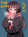  1girl absurdres backpack bag black_serafuku black_shirt black_skirt blue_background blush borrowed_character breath brown_eyes brown_hair film_grain gift_art glasses hands_up happy_birthday highres long_sleeves looking_at_viewer medium_hair mittens own_hands_together parted_lips pink_mittens pleated_skirt pom_pom_(clothes) round_eyewear ryusei_hashida school_uniform serafuku shirt shirt_overhang signature skirt solo 