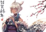  1girl absurdres animal_ears bangs cat_ears choker dark-skinned_female dark_skin detached_sleeves facial_mark final_fantasy final_fantasy_xiv fur_trim gloves grey_eyes highres hjz_(artemi) kimino looking_at_viewer miqo&#039;te neck_tattoo nengajou new_year obi one_eye_closed sash short_hair silver_hair single_glove solo tattoo upper_body whisker_markings y&#039;shtola_rhul 