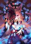  1girl absurdres animal_ears bangs blonde_hair breasts fox_ears fox_girl fox_tail hand_fan hand_up highres hisana holding holding_fan japanese_clothes kimono kitsune long_hair looking_at_viewer medium_breasts multiple_tails one_eye_covered original pink_eyes smile solo tail 