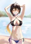  1girl absurdres armpits arms_behind_head arms_up bangs beach bikini blurry blurry_background blush breasts brown_hair commentary_request day earrings eyebrows_visible_through_hair genderswap genderswap_(mtf) genshin_impact gradient_hair grin hair_between_eyes highres jewelry large_breasts long_hair looking_at_viewer multicolored_hair navel orange_hair outdoors ponytail single_earring sky smile solo sparkle swimsuit tassel tassel_earrings water yumenoakagi zhongli_(genshin_impact) 