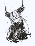  1girl absurdres braid cowlick cropped_torso english_commentary flat_chest greyscale hair_behind_ear head_tilt highres hololive horns jacket la+_darknesss long_hair looking_at_viewer merpperoni monochrome multicolored_hair pointy_ears solo streaked_hair upper_body virtual_youtuber 