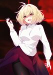  1girl ahoge antenna_hair arcueid_brunestud bangs black_legwear blonde_hair breasts dark_persona fang fangs fingernails hair_intakes highres impossible_clothes impossible_sweater large_breasts long_fingernails long_skirt long_sleeves melty_blood melty_blood:_type_lumina open_mouth pantyhose purple_skirt red_arcueid red_clouds red_eyes sharp_fingernails short_hair skirt slit_pupils smile solo suzuakks sweater tsukihime tsukihime_(remake) turtleneck vampire 