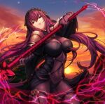  1girl absurdres armor bodysuit breasts clouds cloudy_sky covered_navel fate/grand_order fate_(series) flower forest gae_bolg_(fate) hair_intakes hibiscus highres large_breasts leotard long_hair nature outdoors pauldrons polearm purple_bodysuit purple_hair purple_leotard red_eyes red_lightning scathach_(fate) shoulder_armor sky spear sunset usd_(wwkr2537) very_long_hair weapon 