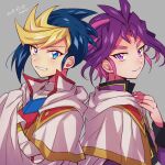  2boys back-to-back bangs borrowed_garments looking_at_viewer male_focus mikami_(mkm0v0) multicolored_hair multiple_boys purple_hair simple_background smile two-tone_hair upper_body yu-gi-oh! yu-gi-oh!_arc-v yuugo_(yu-gi-oh!) yuuri_(yu-gi-oh!) 