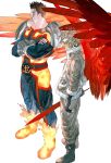  2boys beard blonde_hair boku_no_hero_academia boots burn_scar costume crossed_arms endeavor_(boku_no_hero_academia) facial_hair feathered_wings fingerless_gloves fire from_above fur-trimmed_jacket fur_trim gloves hawks_(boku_no_hero_academia) headphones highres jacket kataruruni male_focus mature_male multiple_boys muscular muscular_male red_feathers redhead rimless_eyewear scar scar_across_eye scar_on_cheek scar_on_face scar_on_mouth size_difference skin_tight tinted_eyewear twitter_username white_background wings 