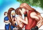  1boy 3girls artist_request blonde_hair blue_dress blue_mary blush bracelet breasts brown_eyes brown_hair bun_cover capcom_vs_snk_2 china_dress chinese_clothes chun-li closed_eyes closed_mouth crossed_arms double_bun dougi dress eyebrows_visible_through_hair facing_another fatal_fury hands_on_own_cheeks hands_on_own_face hetero jealous jewelry ken_masters kiss long_hair looking_at_another midriff multiple_girls open_mouth ponytail puffy_short_sleeves puffy_sleeves shiranui_mai short_hair short_sleeves source_request spiked_bracelet spikes street_fighter surprised the_king_of_fighters watching 