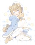  1boy absurdres androgynous animal_ears bear_ears blue_eyes blush brown_hair crying hat highres original p pale_skin pastel_colors sleeves_past_wrists stuffed_animal stuffed_toy tearing_up teddy_bear white_legwear 