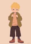 1boy bandaid blonde_hair blue_eyes boots commentary_request green_jacket jacket looking_at_viewer male_focus noeyebrow_(mauve) original shorts simple_background socks solo unkempt 