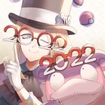  1boy 2022 avery_(pokemon) black_headwear black_jabot blonde_hair blue_eyes closed_mouth commentary_request eyelashes floating floating_object galarian_slowbro glasses gloves hand_up hat jabot jandara_rin long_hair male_focus one_eye_closed poke_ball poke_ball_(basic) pokemon pokemon_(creature) pokemon_(game) pokemon_swsh shirt signature smile telekinesis top_hat white_gloves 