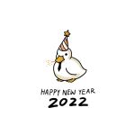  2022 animal animal_focus artist_name bird black_necktie detached_collar duck english_commentary godfather_duck_(nilan) happy_new_year hat highres looking_at_viewer mouth_hold necktie new_year nilan_1999 no_humans original party_hat simple_background standing white_background 