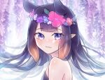  1girl :3 blue_flower blush eyebrows_visible_through_hair flower from_side hair_behind_ear head_wreath highres hololive hololive_english lacieon long_hair looking_at_viewer mole mole_under_eye ninomae_ina&#039;nis orange_flower pink_flower pointy_ears purple_flower purple_hair smile solo tentacle_hair violet_eyes virtual_youtuber white_flower 
