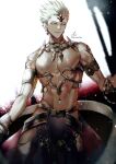  1boy abs armlet bare_pectorals blonde_hair fate/grand_order fate/grand_order_arcade fate_(series) feet_out_of_frame gilgamesh_(fate) glowing glowing_eyes groin highres hip_vent male_focus navel nebuchadenezzar_(fate) no_nipples official_alternate_costume pectorals revealing_clothes sakura_hitsuji smile solo spiky_hair thighs toned toned_male 