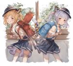  2girls alternate_costume animal_ears ayacho backpack bag bai_(granblue_fantasy) bangs blonde_hair blue_skirt blush cidala_(granblue_fantasy) collared_shirt commentary_request crime_prevention_buzzer frilled_skirt frills granblue_fantasy grey_hair highres holding_strap huang_(granblue_fantasy) intertwined_tails leaning_forward looking_at_viewer medium_hair multiple_girls neck_ribbon one_eye_closed over-kneehighs pantyhose parted_lips pleated_skirt randoseru red_ribbon ribbon shirt shirt_tucked_in skirt suspender_skirt suspenders tail teeth thigh-highs tiger_ears tiger_tail twintails white_legwear white_shirt window yellow_eyes 