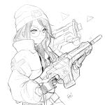  1girl artist_name assault_rifle beanie belt ear_piercing fei_(user_zyfa3452) glasses gloves greyscale gun hair_behind_ear hat highres holding holding_gun holding_weapon jacket killjoy_(valorant) long_hair monochrome partially_fingerless_gloves piercing rifle round_eyewear shoulder_cannon sketch solo valorant weapon white_background 