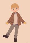  1boy black_footwear blonde_hair blue_eyes brown_jacket child commentary_request gloves jacket looking_at_viewer male_focus noeyebrow_(mauve) original shirt simple_background solo sweater 