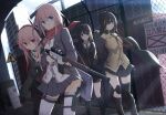  4girls anti-rain_(girls_frontline) ar-15 armband assault_rifle asymmetrical_legwear bangs behind_back beige_jacket black_eyes black_footwear black_gloves black_hair black_jacket black_legwear black_skirt blonde_hair blue_eyes blue_hair blue_jacket boots box braided_ponytail brown_eyes brown_hair cabinet clothes_around_waist collar commentary_request crossed_legs desk dress expressionless eyebrows_visible_through_hair eyepatch girls_frontline gloves green_hair green_sweater gun hair_ornament hand_behind_head happy head_tilt headgear headphones highres holding holding_weapon jacket jacket_around_waist kneehighs leaning_to_the_side long_hair looking_at_viewer looking_back m16a1_(girls_frontline) m4_carbine m4_sopmod_ii m4_sopmod_ii_(girls_frontline) m4a1_(girls_frontline) maoguoing measuring_stick messy_room miniskirt multicolored_hair multiple_girls office on_floor one_side_up open_clothes open_jacket over_shoulder pantyhose paper paperwork pink_dress pink_footwear pink_hair ponytail red_eyes red_hair rifle scarf school_uniform shirt short_dress side_ponytail sidelocks silk sitting skirt skull skull_print sleeveless_sweater smile spider_web st_ar-15_(girls_frontline) standing streaked_hair suppressor sweater teeth thigh-highs tongue weapon window yellow_shirt 
