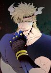  1boy battle_tendency blonde_hair blood blood_in_mouth blood_on_face caesar_anthonio_zeppeli facial_mark feather_hair_ornament feathers fingerless_gloves gloves green_eyes hair_ornament headband jojo_no_kimyou_na_bouken male_focus muscular muscular_male s_gentian shirt solo t-shirt tight upper_body wiping_face 