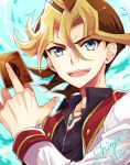  1boy :d blonde_hair breath brown_hair card dyed_bangs frown holding holding_card male_focus mikami_(mkm0v0) multicolored_hair sawatari_shingo school_uniform smile solo two-tone_hair upper_body yu-gi-oh! yu-gi-oh!_arc-v 