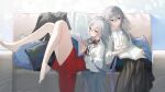  2girls absurdres bangs barefoot black_bow black_bowtie black_skirt blue_eyes book bow bowtie closed_mouth couch dual_persona fu_hua fu_hua_(herrscher_of_sentience) full_body grey_hair hair_between_eyes highres holding holding_book honkai_(series) honkai_impact_3rd leaning_on_person long_hair long_sleeves multiple_girls object_hug pillow pillow_hug rafaelaaa reading red_eyes red_skirt shirt sitting skirt soles toes white_bow white_bowtie white_shirt 