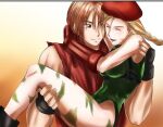  1boy 1girl artist_request blush cammy_white carrying chest_harness gradient gradient_background harness holding hug ken_masters long_hair orange_background smile source_request street_fighter 