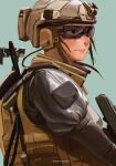  1girl black_shirt blue_background blush brown_headwear brown_vest closed_mouth commentary english_commentary faiz_azhar from_side goggles helmet highres holding holding_weapon load_bearing_vest original shirt simple_background solo sweat tactical_clothes upper_body vest weapon 