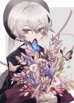  1boy androgynous bouquet bug butterfly covering_mouth flower grey_hair hat highres male_focus namiki_itsuki original pale_skin violet_eyes white_hair 