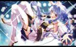  1girl :d animal_ear_fluff animal_ears bangs belt blue_bow blue_hair blush boots bow braid breasts brown_belt carrot_hair_ornament commentary_request detached_sleeves eyebrows_visible_through_hair food-themed_hair_ornament hair_bow hair_ornament haruhina_purple highres holding holding_microphone hololive long_hair long_sleeves looking_at_viewer medium_breasts microphone outstretched_arm pleated_skirt rabbit_ears red_eyes short_eyebrows skirt smile solo thick_eyebrows thigh-highs thigh_boots twin_braids twintails usada_pekora very_long_hair virtual_youtuber white_footwear white_legwear white_skirt 