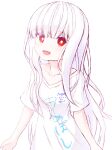  1girl albino bangs blunt_bangs collarbone commentary eyebrows_visible_through_hair highres long_hair looking_at_viewer open_mouth original red_eyes shirt simple_background smile solo t-shirt umebosi2639 v-neck white_background white_hair 