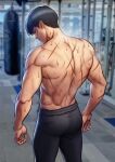  1boy absurdres ass back bare_back biceps black_hair ceo_and_bodyguard from_behind highres indoors male_focus muscular muscular_male original pants punching_bag robocap solo sweat topless 