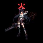  1girl animal_ear_fluff animal_ears ankle_boots arknights arm_up belt belt_pouch black_background black_gloves black_hair black_skirt blood blood_on_face blood_on_weapon blue_eyes boots breasts brown_footwear cat_ears chainsaw fingerless_gloves gloves grey_legwear hairband holding holding_weapon jacket large_breasts leg_strap long_hair long_sleeves looking_at_viewer lowres miniskirt mizorehi open_clothes open_jacket pixel_art pouch red_hairband shirt single_thighhigh skirt solo standing thigh-highs two-tone_background very_long_hair weapon white_jacket white_shirt 