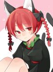  1girl :3 animal_ear_fluff animal_ears black_bow blush bow braid cat_ears cat_tail dress green_dress kaenbyou_rin katsuobushi_(eba_games) knees looking_at_viewer multiple_tails one-hour_drawing_challenge paw_print puffy_sleeves red_eyes redhead simple_background sitting solo tail touhou twin_braids two_tails 