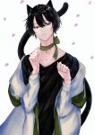  1boy absurdres animal_ears bangs bell black_hair black_shirt blue_eyes cat_boy cat_ears cat_tail choker closed_mouth collarbone commission eyebrows_visible_through_hair green_choker hair_between_eyes half-closed_eyes hands_up highres jacket jingle_bell juu_ame male_focus off_shoulder open_clothes open_jacket original paw_pose shirt skeb_commission solo tail white_background white_jacket 