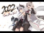  2022 2girls animal animal_ears asicah black_bodysuit black_legwear black_skirt blue_eyes bodysuit breasts cape closed_mouth commentary_request cowboy_shot fingerless_gloves gloves grey_hair happy_new_year highres holding holding_animal horns large_breasts letterboxed long_hair looking_at_viewer multiple_girls new_year original pantyhose ponytail shirt simple_background skirt smile tail tiger_&amp;_bunny tiger_ears tiger_tail violet_eyes waist_cape white_background white_cape white_shirt 